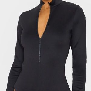 prettylittlething Black High Neck Zip-Up Bodysuit
